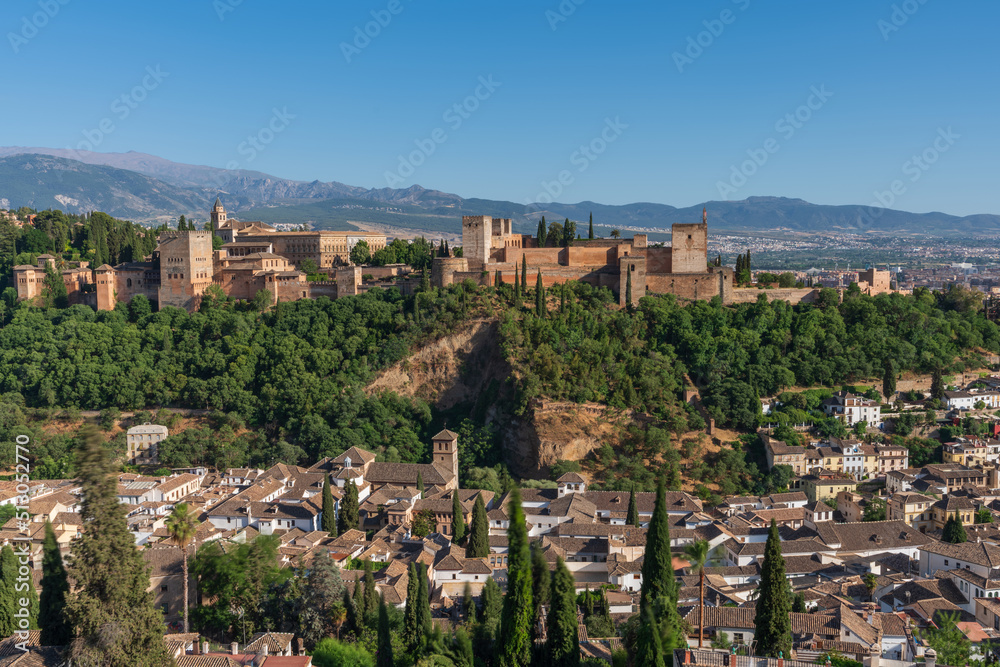 Albaicin downtown and Alhambra under clear blue sky