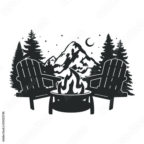 Fire Camp Illustration Clip Art Design Shape. Outdoor Adventure Silhouette Icon Vector.