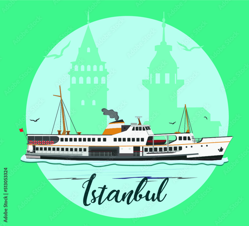 istanbul silhouette graphic design vector art. Vector modern illustration Istanbul with hand drawn doodle turkish symbols. Bosphorus, Maiden Tower and Galata Towers.