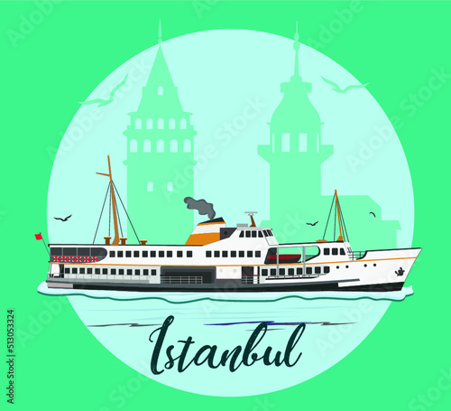 istanbul silhouette graphic design vector art. Vector modern illustration Istanbul with hand drawn doodle turkish symbols. Bosphorus, Maiden Tower and Galata Towers.