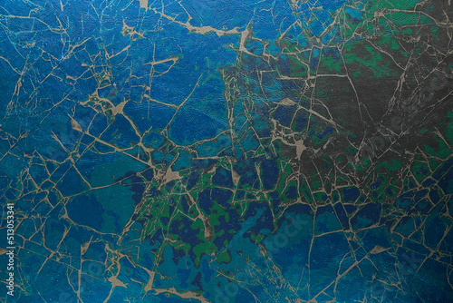 Light blue, blue, green and beige background with highlighted neon lines, contours of planes. Colorful illustration in the style of eco-leather or maps. A sample for your ideas.