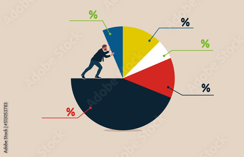 Analyst standing on pie chart pushing allocation to the best performance position. Business analysis, investment asset allocation or economic statistic. photo