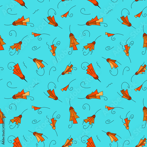 Bright pattern on a blue background. Stylized abstract flowers and buds with rectangular orange petals. Vector seamless pattern.