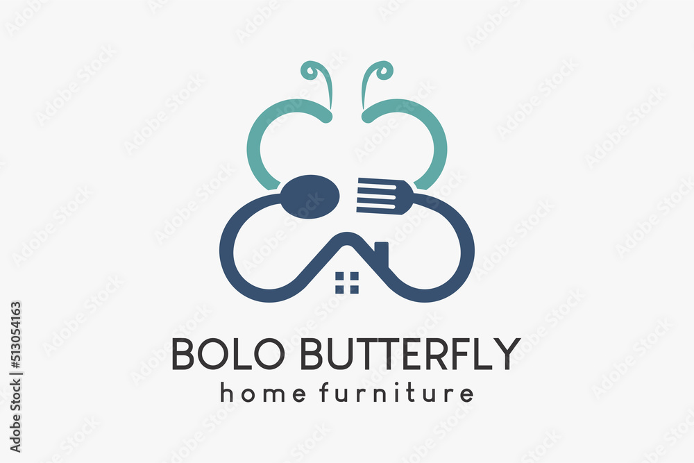 A logo for household appliances or furniture, a broom, a spoon and fork icon combined with a butterfly-shaped house icon A logo for household appliances or furniture, a broom, a spoon and fork icon combined with a butterfly-shaped house icon