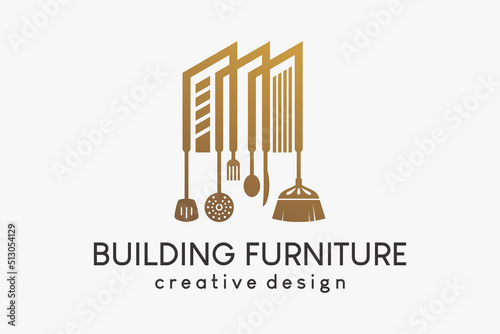 Logo of household utensils or furniture, brooms and cutlery, frying utensils combined with buildings in a creative concept