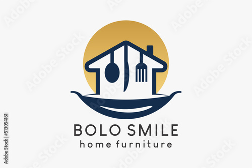 A logo for household appliances or furniture, a broom, a cutlery icon in a home icon combined with a frying pan icon in a smiling concept