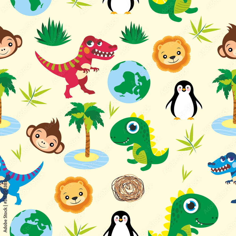 Naklejka premium Vector illustration Pattern dinosaur, monkey, lion, tumbleweed, desert, bush, penguin