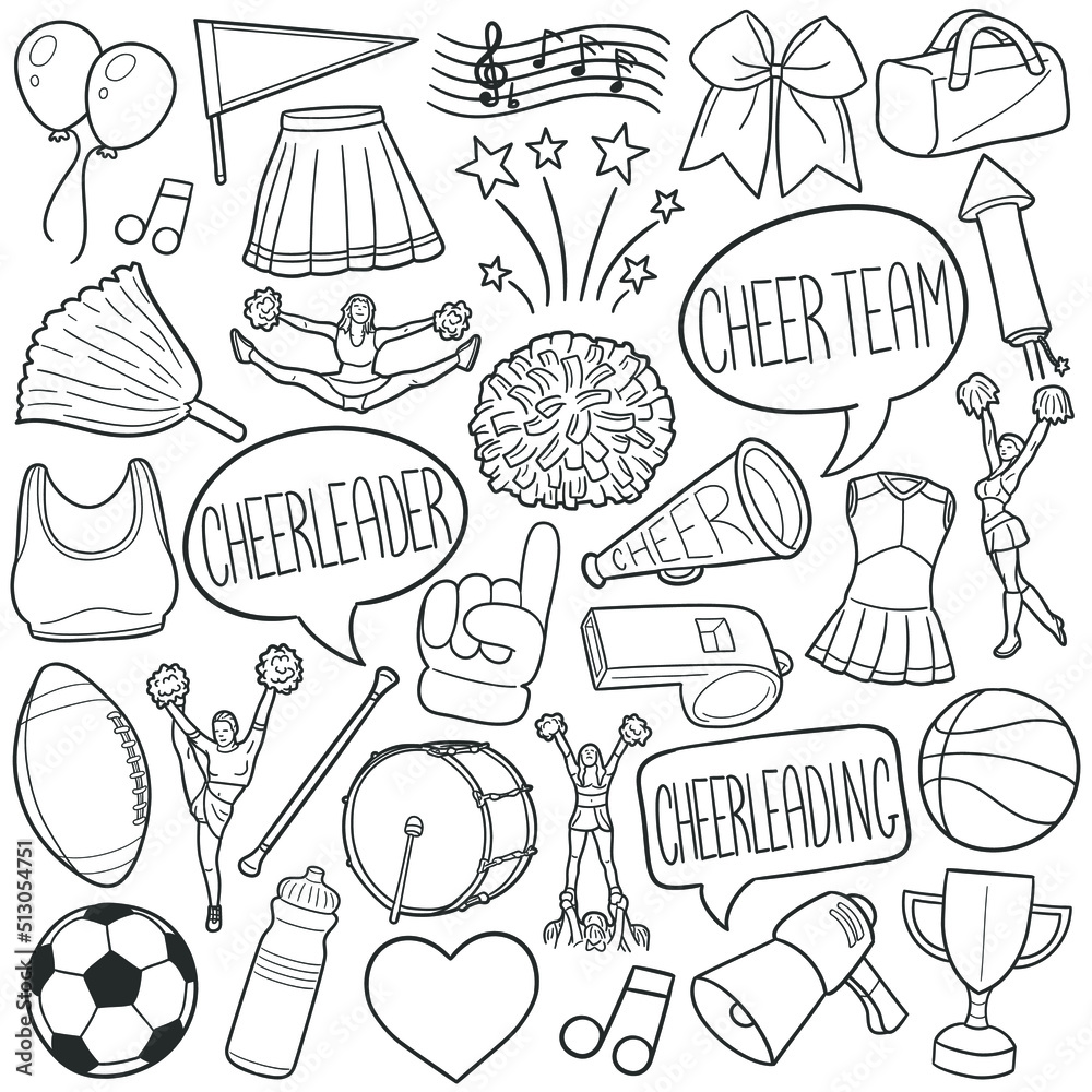 Cheerleader Doodle Icons. Hand Made Line Art. Cheers Clipart Logotype
