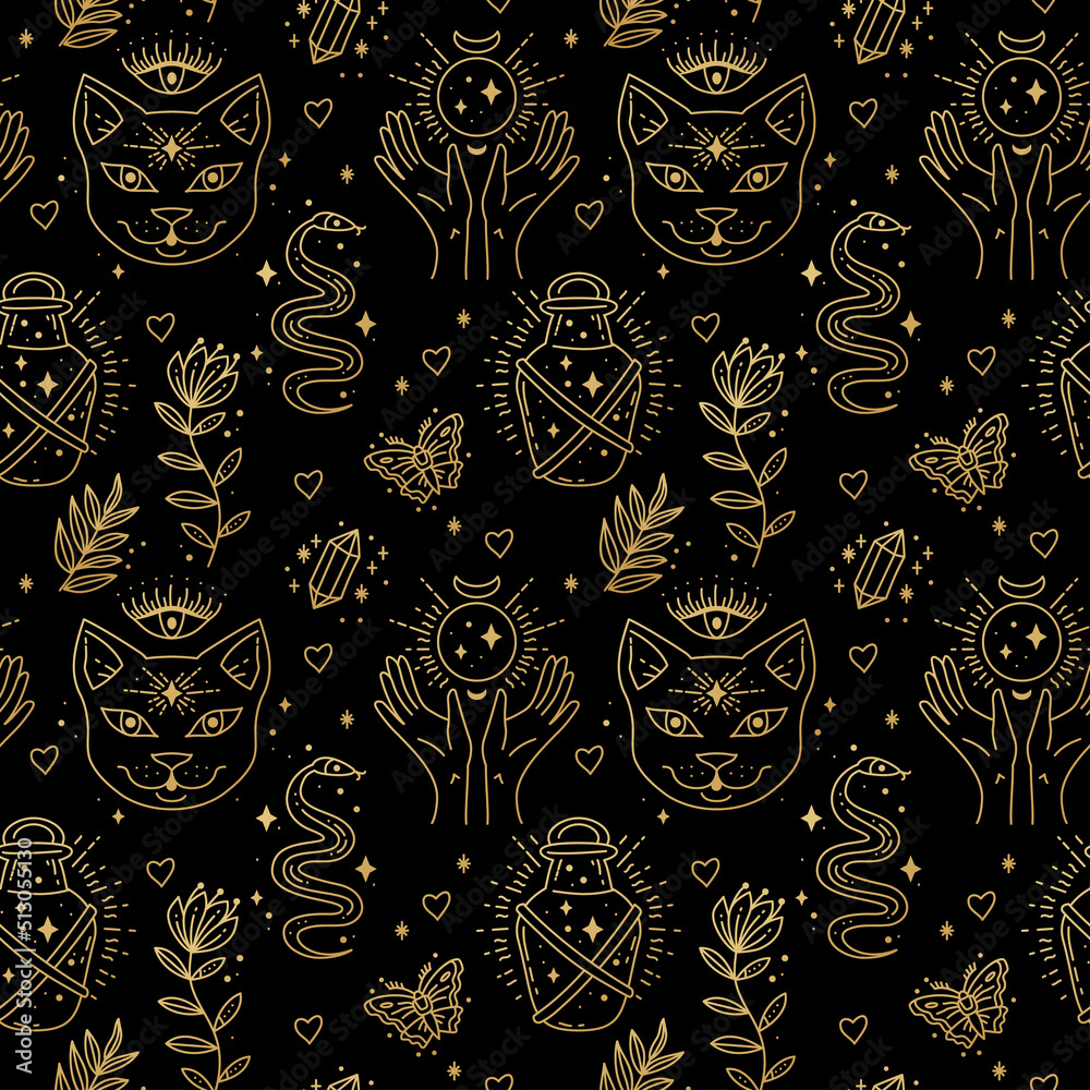 Magic boho symbols seamless pattern. Backdrop of gypsy sacred elements and sign in modern boho style. Golden minimal line art. Cat, snake, butterfly, bottle