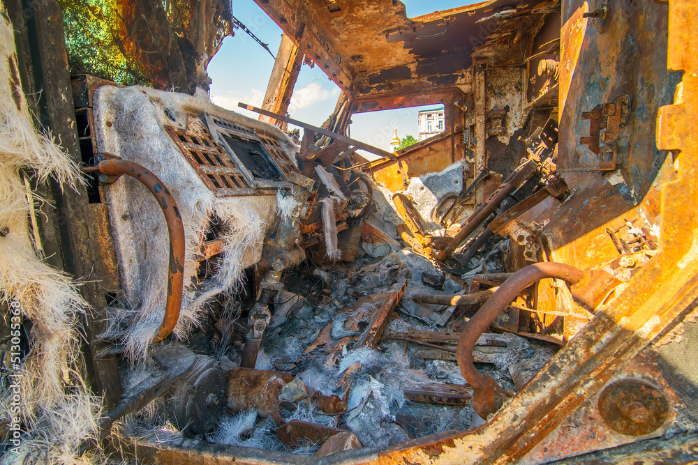Cab of destroyed russian military armored car during Russian invasion of Ukraine in 2022. Downtown of Kyiv, Ukraine