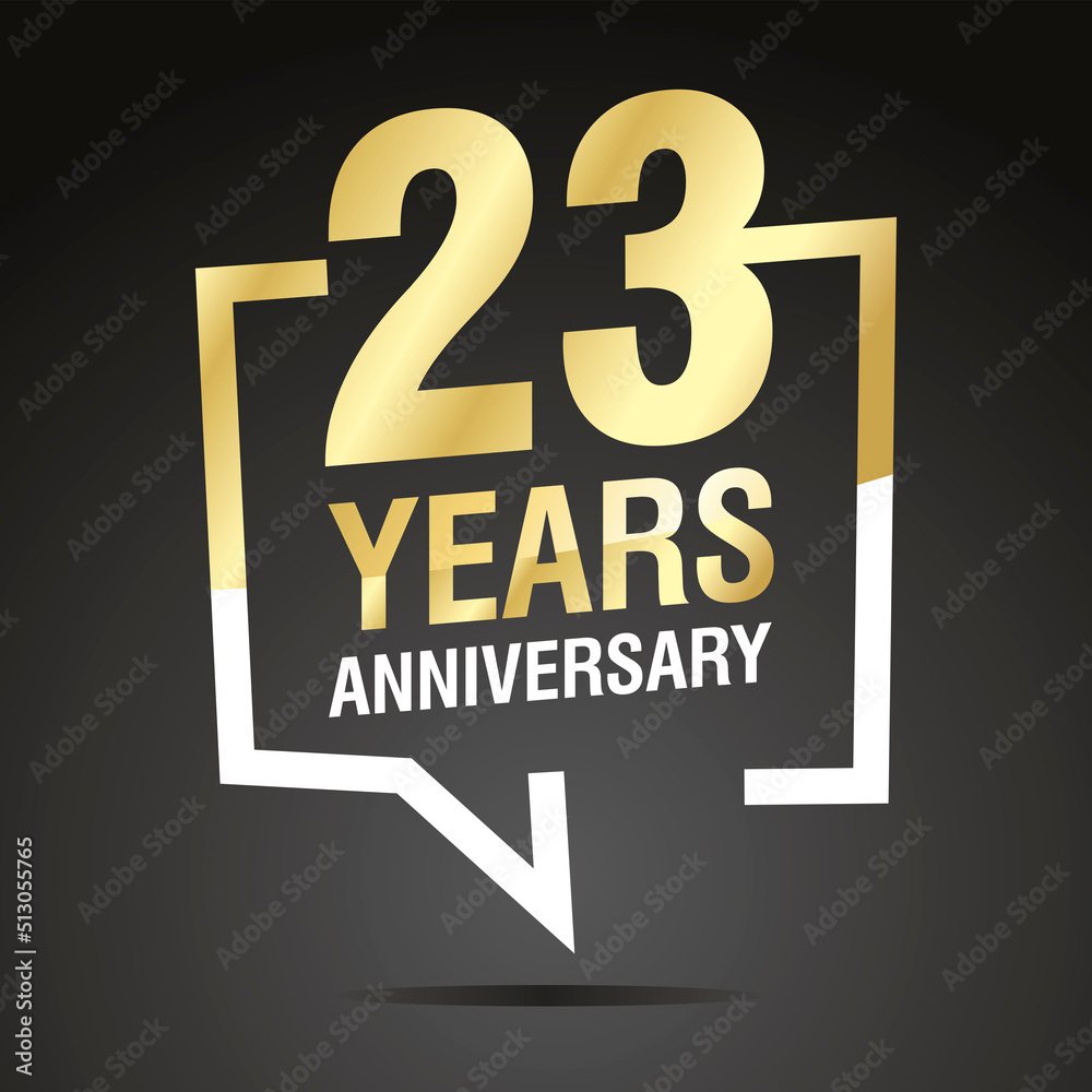 23 Years Anniversary celebrating, gold white speech bubble, logo, icon on black background
