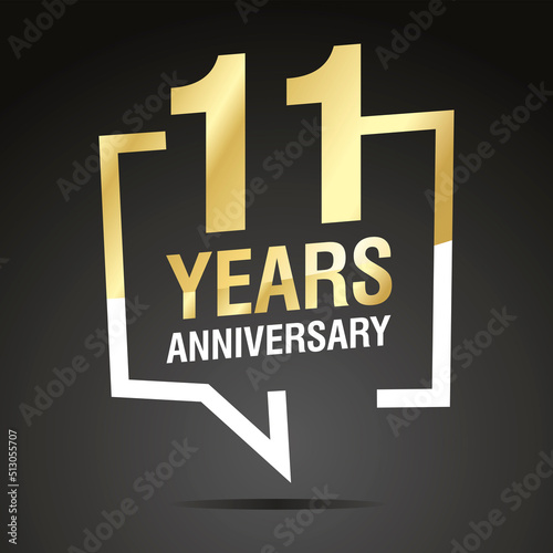11 Years Anniversary celebrating, gold white speech bubble, logo, icon on black background
