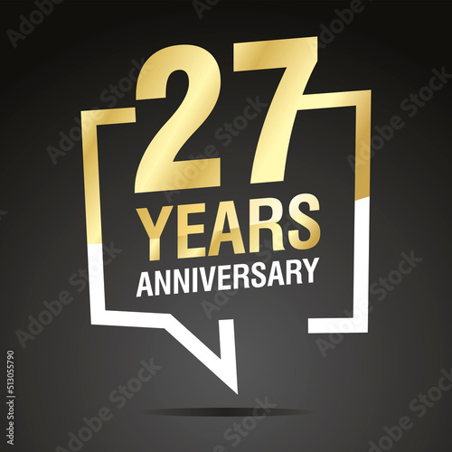 27 Years Anniversary celebrating, gold white speech bubble, logo, icon on black background