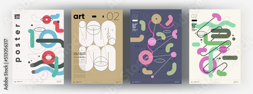 Abstract posters. Vector trendy illustrations of geometric shapes. Memphis and Bauhaus style designs. Modern paintings for interior.