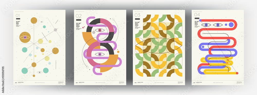 Abstract posters. Vector trendy illustrations of geometric shapes. Memphis and Bauhaus style designs. Modern paintings for interior.