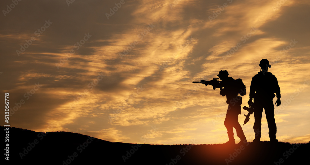 Silhouettes of soldiers. Greeting card for Veterans Day, Memorial Day, Independence Day. USA celebration.
