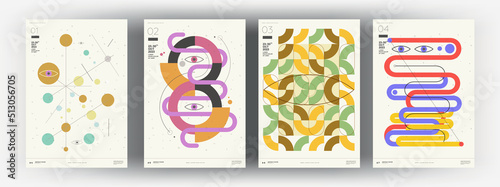 Abstract posters. Vector trendy illustrations of geometric shapes. Memphis and Bauhaus style designs. Modern paintings for interior.