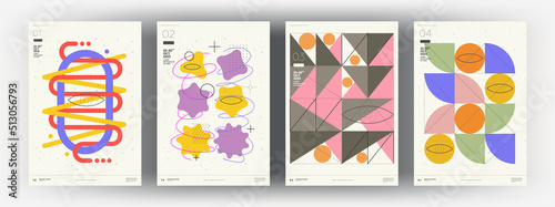 Abstract posters. Vector trendy illustrations of geometric shapes. Memphis and Bauhaus style designs. Modern paintings for interior.