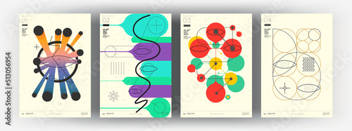 Abstract posters. Vector trendy illustrations of geometric shapes. Memphis and Bauhaus style designs. Modern paintings for interior.