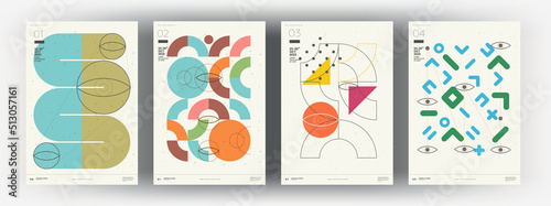 Abstract posters. Vector trendy illustrations of geometric shapes. Memphis and Bauhaus style designs. Modern paintings for interior.