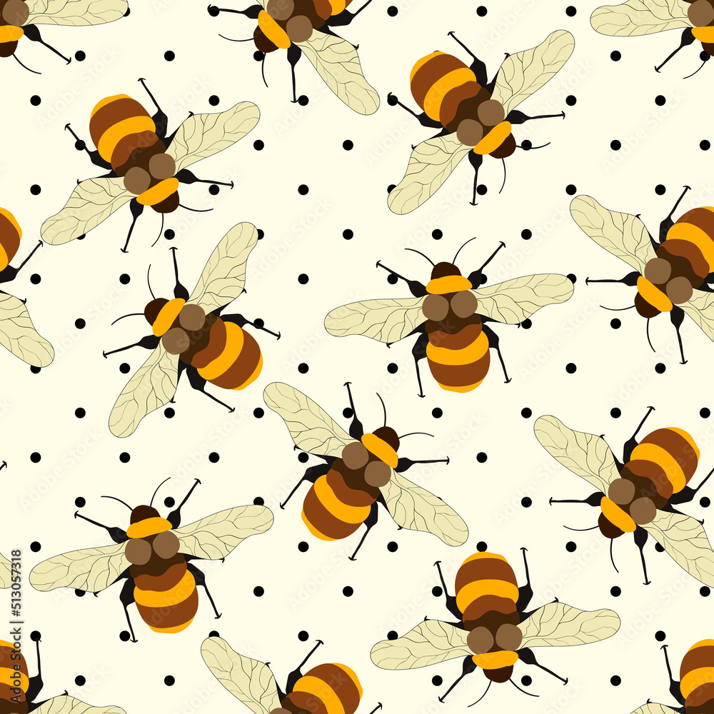 Seamless pattern with bees on white polka dots background. Small wasp. Vector illustration. Adorable cartoon character. Template design for invitation, cards, textile, fabric. Doodle style