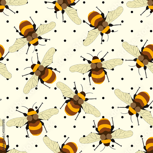 Seamless pattern with bees on white polka dots background. Small wasp. Vector illustration. Adorable cartoon character. Template design for invitation  cards  textile  fabric. Doodle style