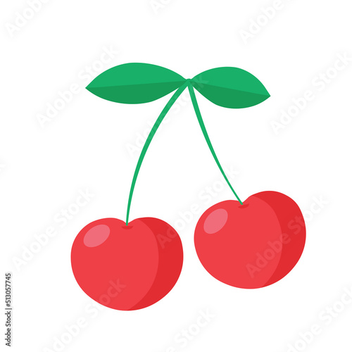 Two juicy red cherries isolated on white background. Healthy food concept. Vector illustration