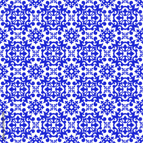 Seamless ornamental pattern, imitation of Portuguese ceramic azulejo tiles. Swatch is included.