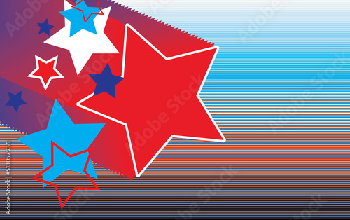 July 4th or memorial day holiday graphic with red white and blue stars on stripes background.