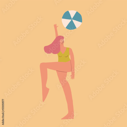 Happy woman playing ball at the beach. Happy time at the beach. Woman in swimsuit. Stylish vacation illustration.