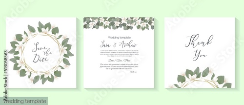 Vector template for wedding invitation. White magnolia, sakura, eucalyptus, green leaves and plants, round frame.