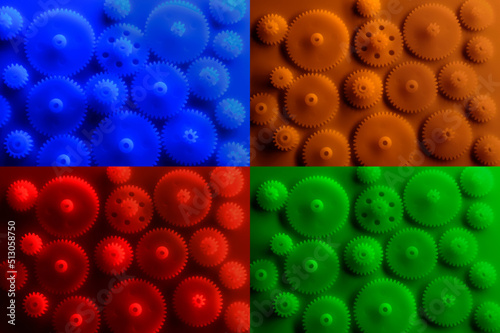 Plastic gears compilation on a different backgrounds. Spare parts for your RC toy. Background picture.