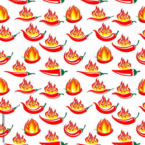 Vector illustration of chili pepper pattern with flames of fire