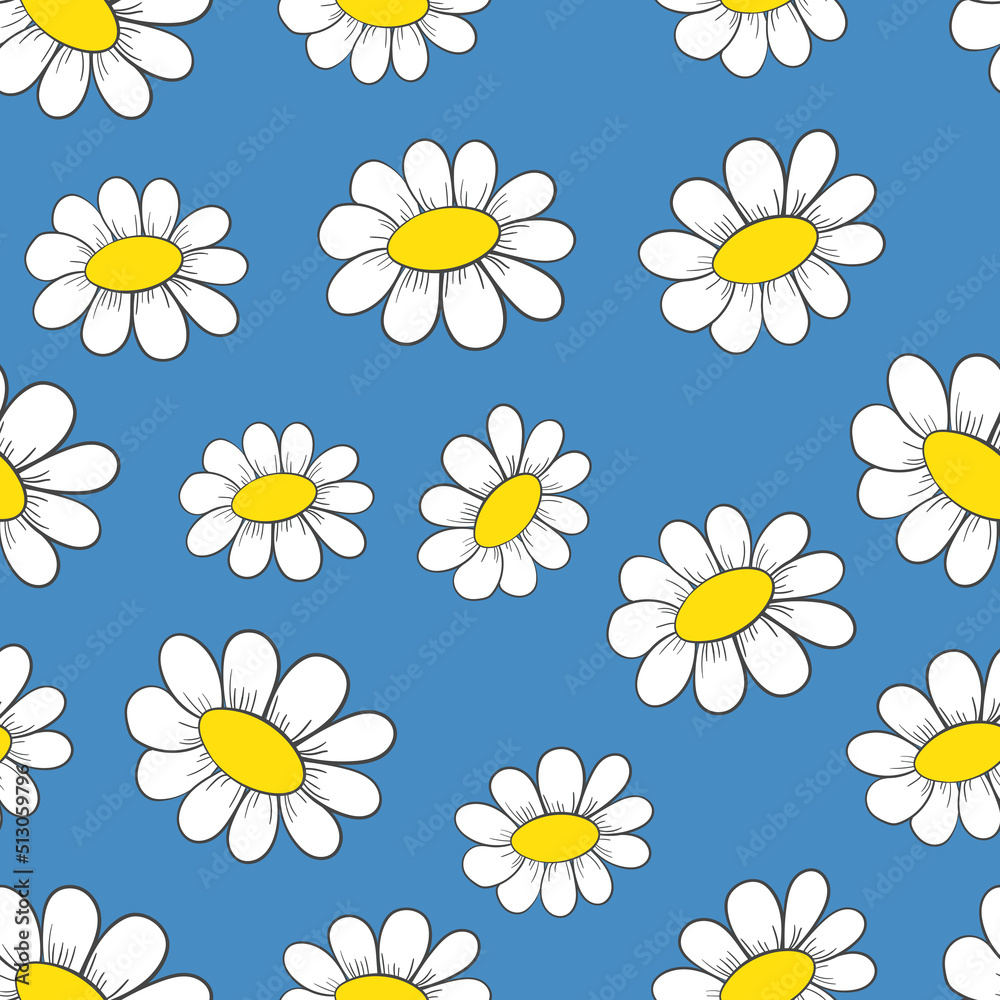 Seamless floral pattern based on traditional folk art ornaments. Colorful chamomile, daisy flowers on color background. Doodle style. Vector illustration. Simple minimalistic pattern Seamless floral pattern based on traditional folk art ornaments. Colorful chamomile, daisy flowers on color background. Doodle style. Vector illustration. Simple minimalistic pattern
