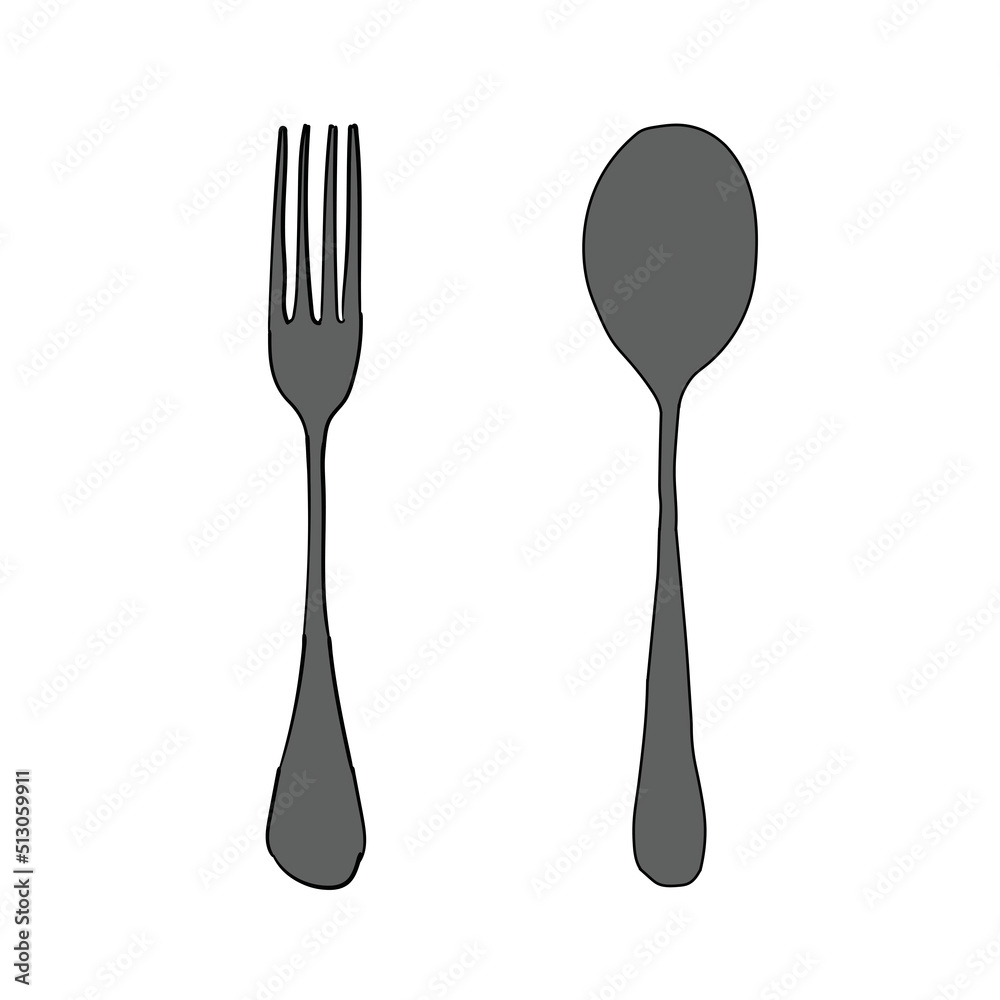 Cartoon set of metal fork and spoon hand drawn isolated on white