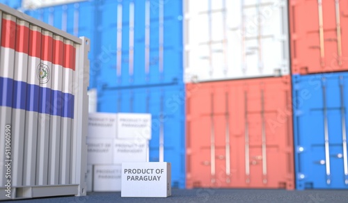 Box with PRODUCT OF PARAGUAY text and cargo containers. 3D rendering