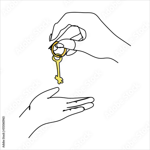 Continuous line drawing. The hand holds the keys to the car or apartment. Real estate sale concept. Vector illustration isolated on white background