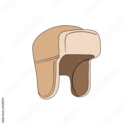 Brown cartoon hand drawn hat with earflaps isolated on white background. Vector illustration. Flat design.