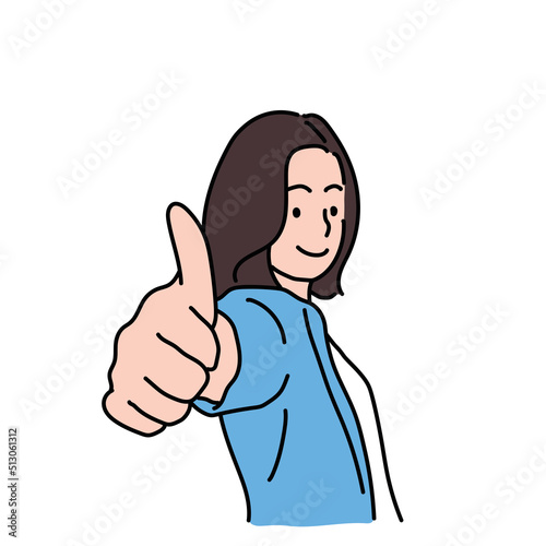Hand drawn cartoon girl or woman smiling and showing thumb up isolated on white background. Vector illustration. Flat design.