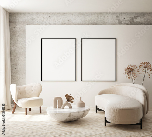 canvas print motiv - mtlapcevic : mock up poster frame in modern interior background, living room, Scandinavian style, 3D render, 3D illustration