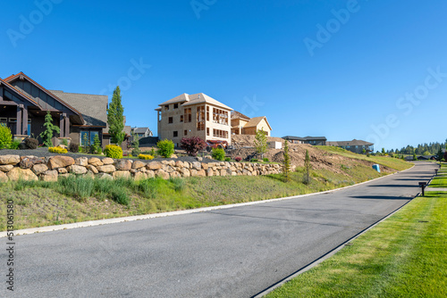 A large upscale estate home under construction in a hilltop neighborhood in a suburb of Spokane, Washington.