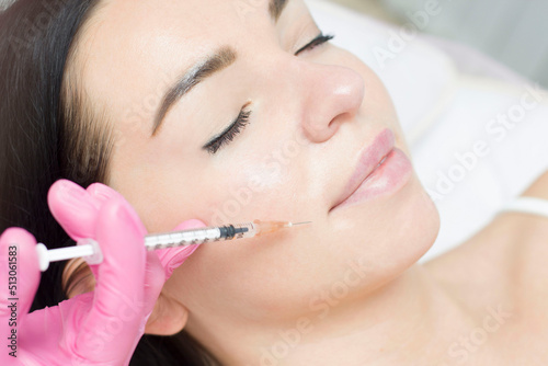 A cosmetologist makes lipolytic injections to burn fat on the chin  cheeks and neck of a woman against a double chin. A cosmetologist performs prp therapy on the face of a beautiful woman in a salon.