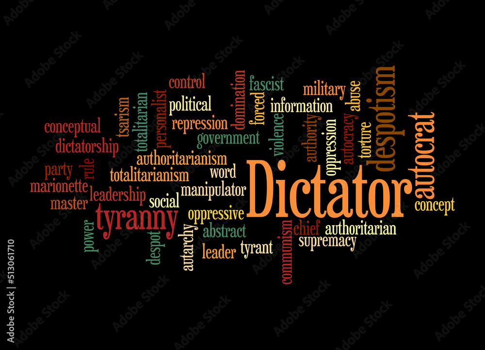 Word Cloud with DICTATOR concept, isolated on a black background Word Cloud with DICTATOR concept, isolated on a black background