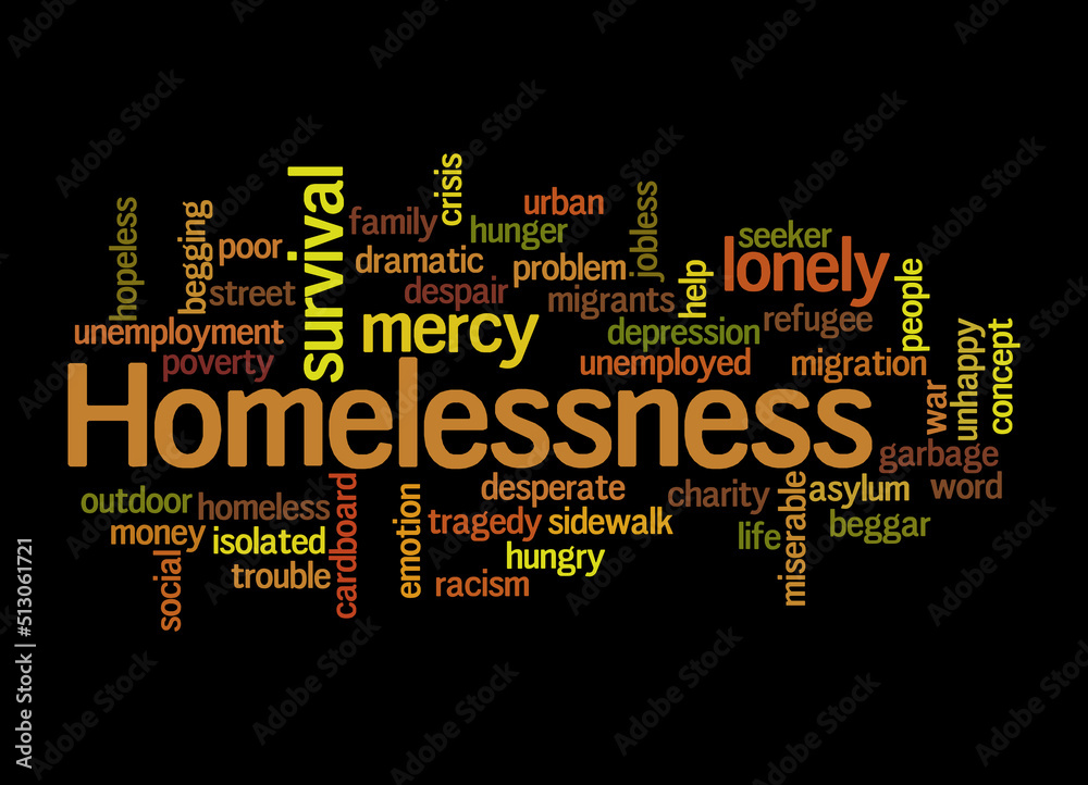 Word Cloud with HOMELESSNESS concept, isolated on a black background Word Cloud with HOMELESSNESS concept, isolated on a black background