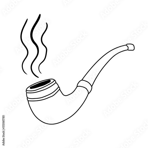 Hand drawn tobacco pipe icon with smoke isolated on white background. Flat design. Vector illustration.