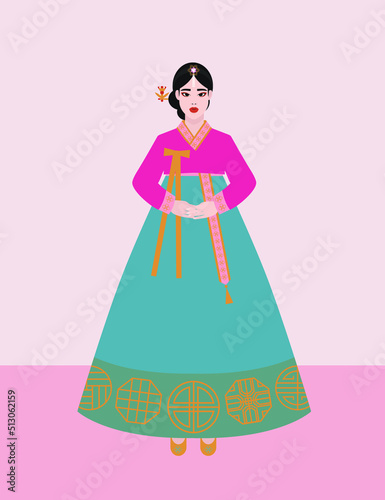 Korean woman wearing traditional costumes. Female character in decorated national costume hanbok. Korean folk festive clothes. Flat vector cartoon illustration