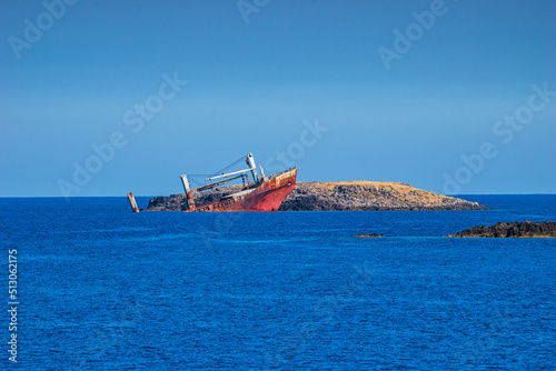 Norland Shipwreck at Diakofti in Kythera island in Greece. On the 29th of August 2000, while on a voyage from Saint John to Gemlik, the ship grounded at Dragonares, Kythera Island, Greece, Europe photo