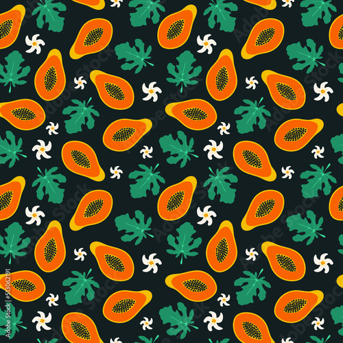 Papaya seamless pattern. Sweet fruits, green leaves, white flowers. Summer tropical print for fabric, kitchen decor, menu design, wrapping paper, wallpaper, background. Hand drawn vector illustration