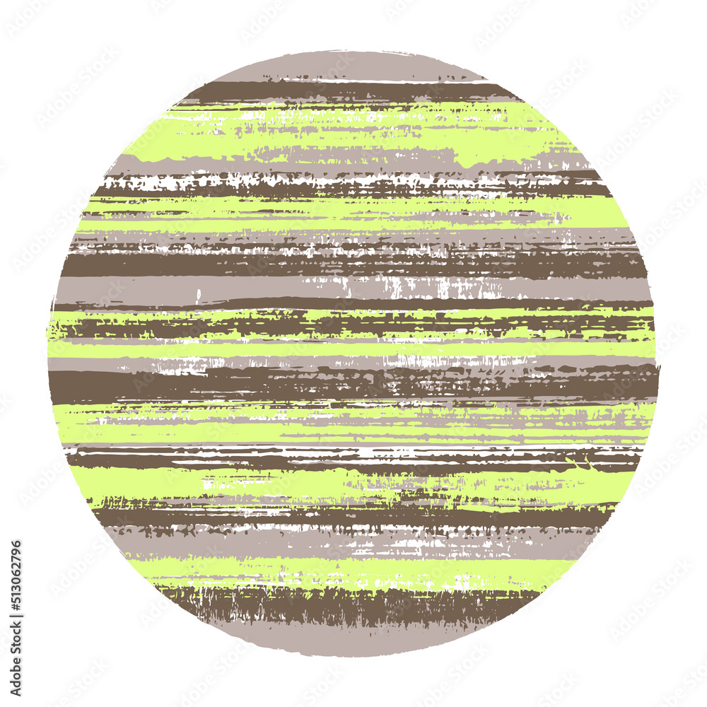Rough circle vector geometric shape with striped texture of ink horizontal lines. Old paint texture disk. Stamp round shape circle logo element with grunge background of stripes.