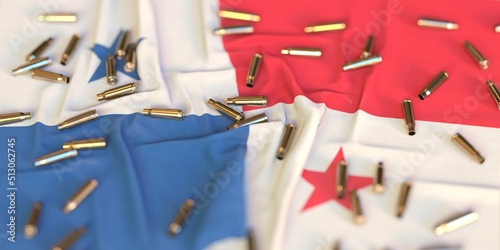 Flag of Panama and bullet shells. Crime or war related 3D rendering photo